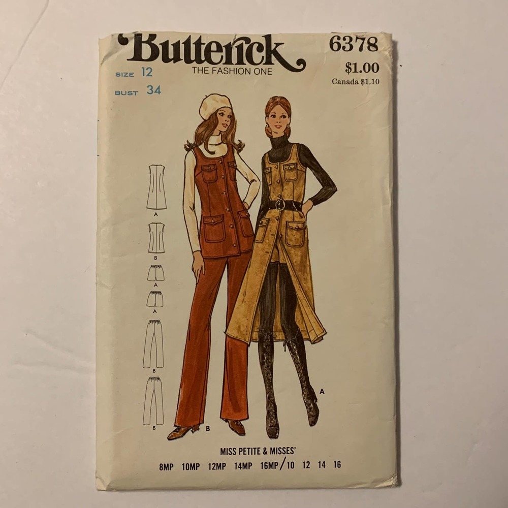 Butterick Vintage 1970's Pattern #6378 Jumper/Tunic/Pants/Shorts Size‎ 12